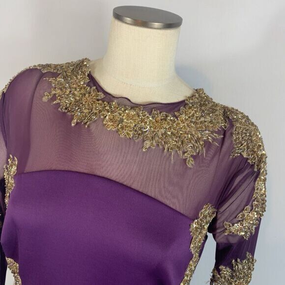 Walter Mendez Purple Evening Gown Dress Formal Prom Gold with Train - Picture 13 of 16